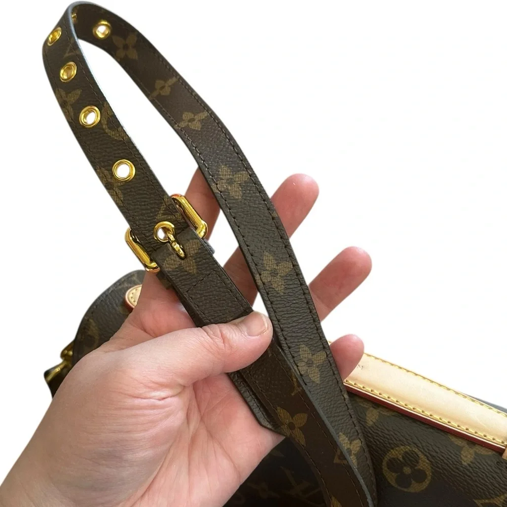 Designer Inspired Monogram Print Flap Crossbody Bag Gold Hardware Faux Leather - Picture 6 of 7